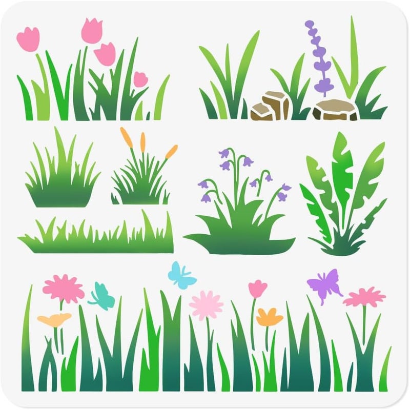 DOODLREAM 8 Styles Grass Flower Bushes Stencil for Painting, 11.8"x11.8"Reusable Plants Stencil Drawing Template, DIY Craft Paint Template for Wall Home Decor Wood Burning Card Journal Fabric - Image 1